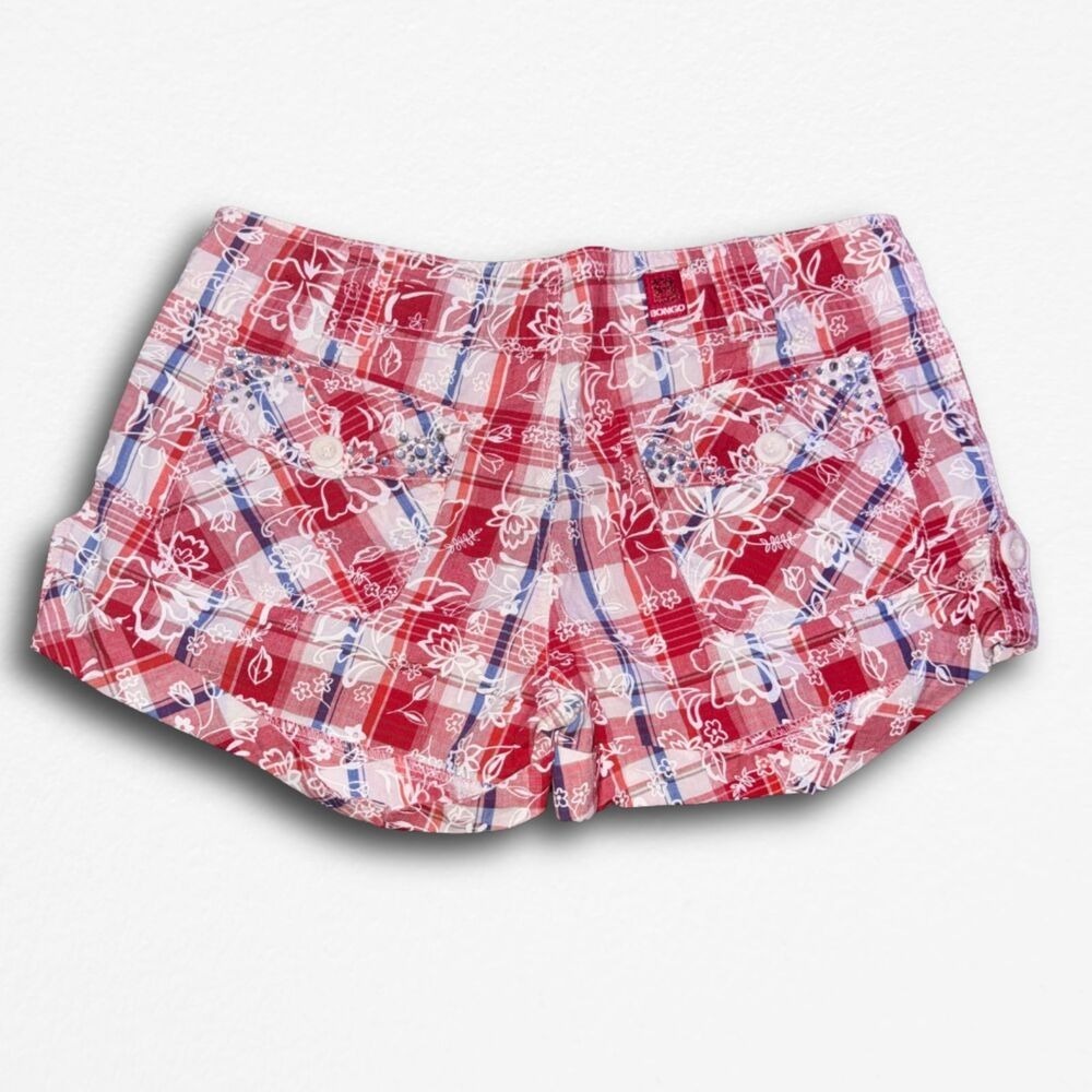 Size 7 Y2K Plaid Rhinestone Red Blue White Bongo Mini Shorts - Picture 2 of 3